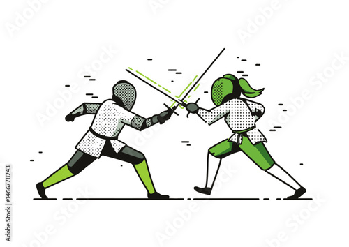 Sword fighter in a duel, dynamic vector design with clashing blades, medieval armor