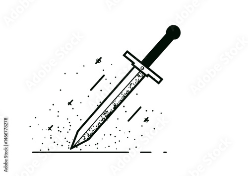 Sword sharpener grinding a blade, metallic vector art with flying sparks, gritty texture