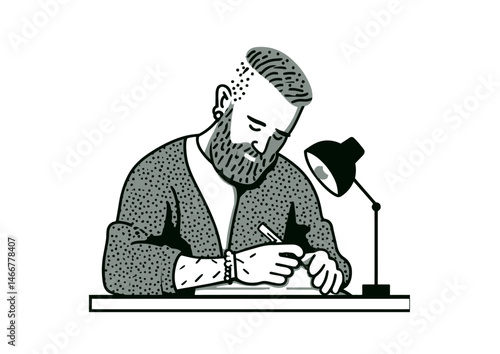 Tattoo artist inking skin, edgy vector illustration with needle details and ink splatter