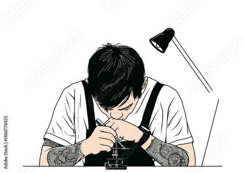 Tattoo artist inking skin, edgy vector illustration with needle details and ink splatter