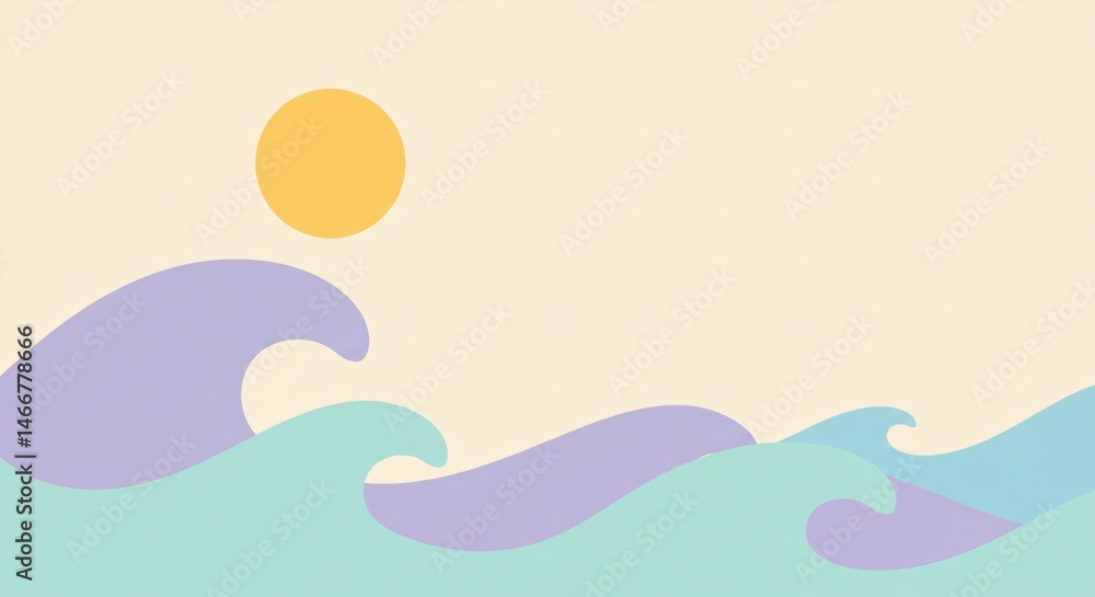 Fototapeta premium Pastel Ocean Waves and Sun Calm Summer Sea Illustration