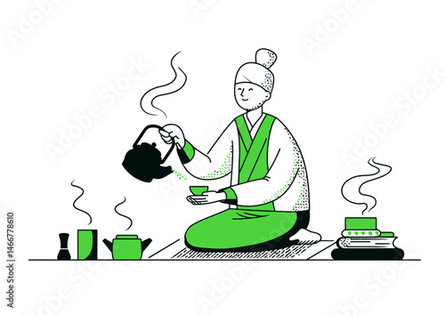 Tea master performing a ceremony, serene vector illustration with steam swirls, traditional teaware