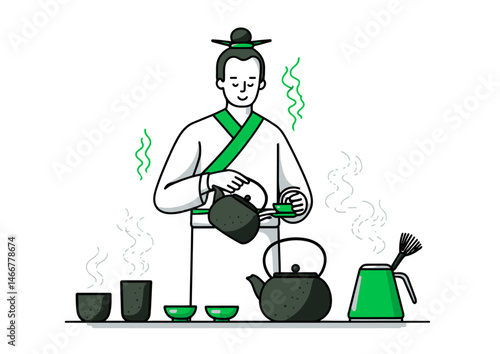 Tea master performing a ceremony, serene vector illustration with steam swirls, traditional teaware