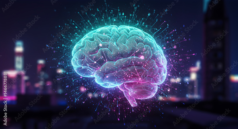 Digital Glowing Brain With Neon Lights Against Blurred City Skyline Illustrative Concept Digital Glowing Brain With Neon Lights Against Blurred City Skyline Illustrative Concept