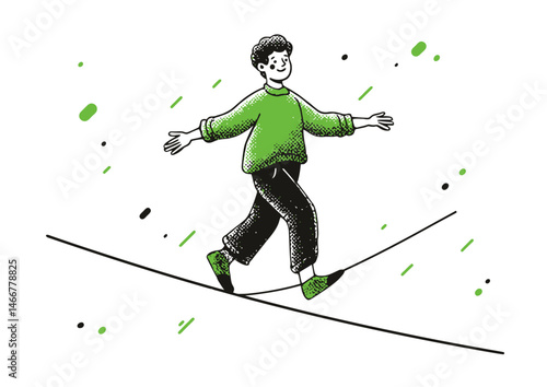 Tightrope walker balancing with a pole, flat design vector illustration with bold outlines, dynamic perspective