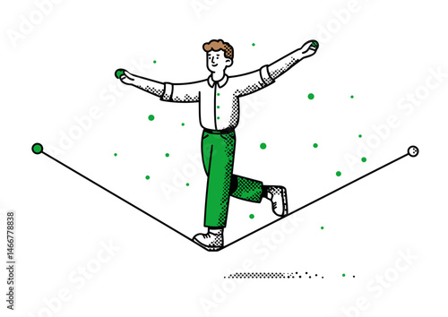 Tightrope walker balancing with a pole, flat design vector illustration with bold outlines, dynamic perspective