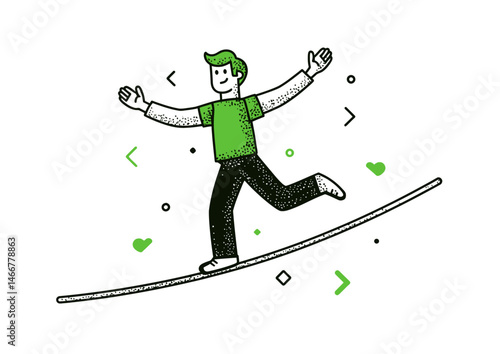 Tightrope walker balancing with a pole, flat design vector illustration with bold outlines, dynamic perspective