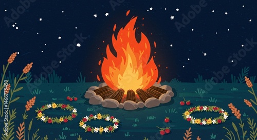 Midsummer Night's Dream Campfire, Flowers, and Starry Night Illustration