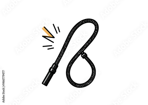 Whip cracker snapping a bullwhip, dynamic vector art with sonic boom effect, leather texture
