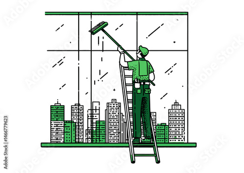 Window cleaner on a scaffold, urban vector design with squeegee streaks and cityscape reflections