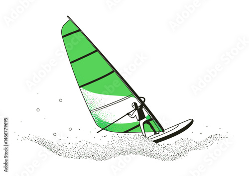 Windsurfer catching a gust, dynamic vector design with sail tension, spray foam
