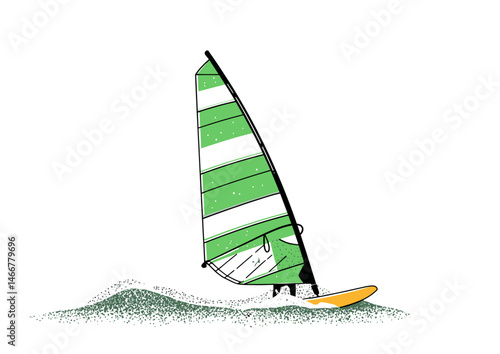 Windsurfer catching a gust, dynamic vector design with sail tension, spray foam