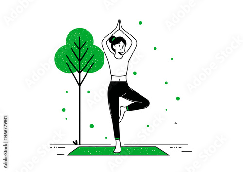 Yoga instructor in tree pose, serene vector art with balanced posture and mat texture