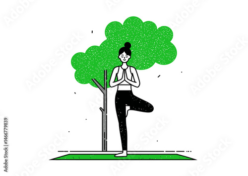 Yoga instructor in tree pose, serene vector art with balanced posture and mat texture