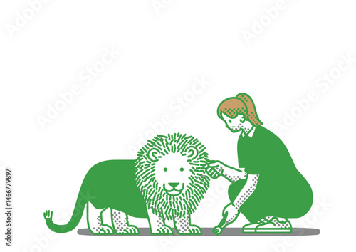 Zookeeper feeding a lion, wild vector design with mane details, feeding tongs
