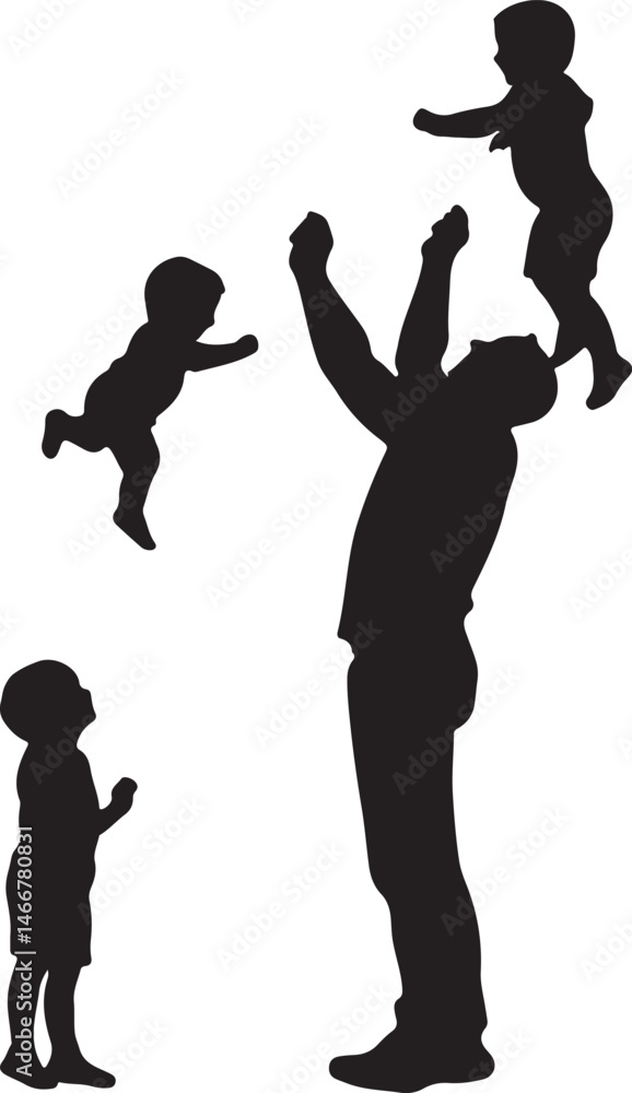 Obraz premium Silhouette of Father Playing with Children: Dad Tossing Kids in Air, Family Fun, Childhood Joy, Vector Graphic Illustration