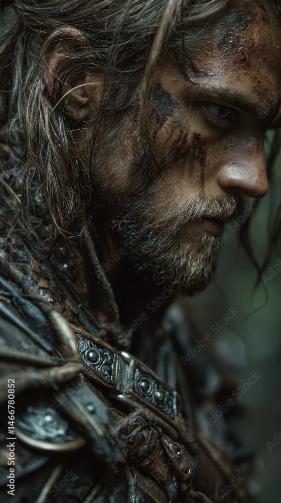 Close-up of rugged warrior with face paint and detailed armor in natural light. Close-up of rugged warrior with face paint and detailed armor in natural light.