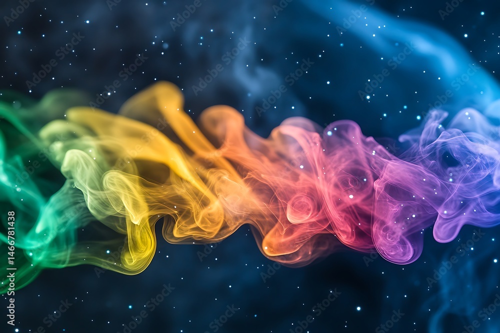 Obraz premium Abstract Rainbow Smoke Art With Sparkling Particles On Dark Blue Background For Modern Design Concepts