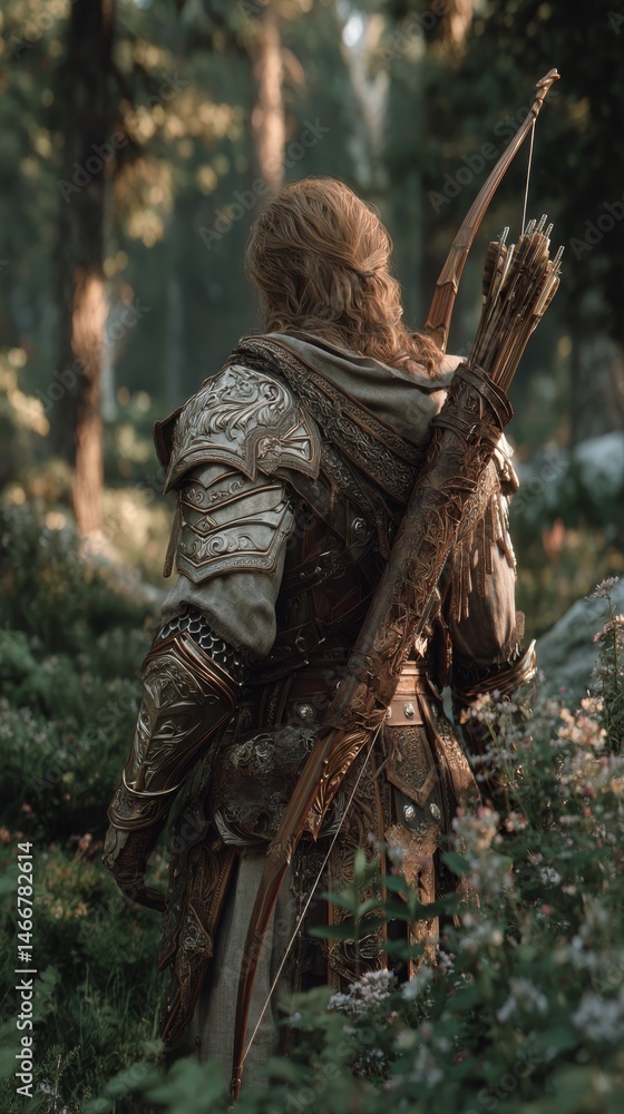 Fantasy archer in ornate armor standing in forest with bow and quiver of arrows. Fantasy archer in ornate armor standing in forest with bow and quiver of arrows.