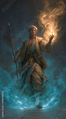 Fantasy mage conjuring elemental fire and water in mystical environment.