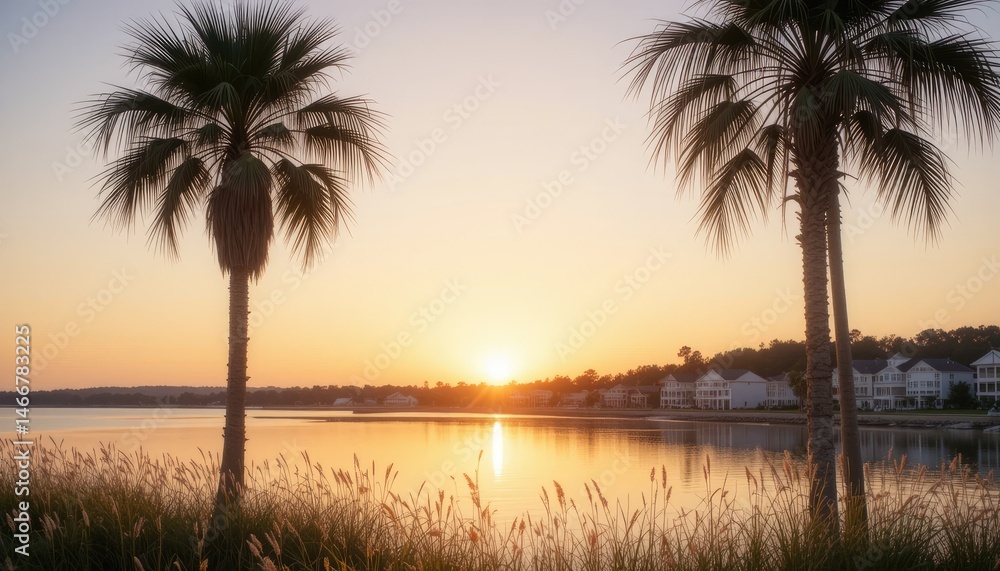Fototapeta premium Serene Sunset over Coastal Houses and Palm Trees