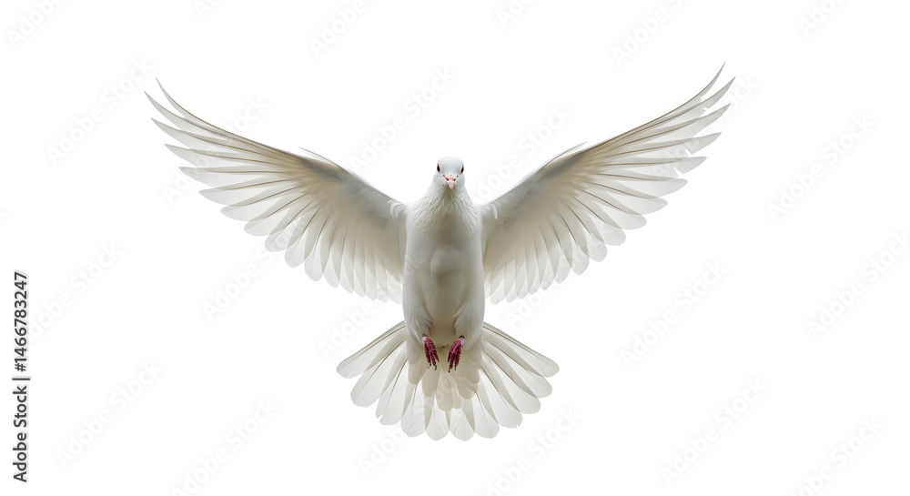 Fototapeta premium Isolated White Dove in Flight with Outstretched Wings on a Bright White Background
