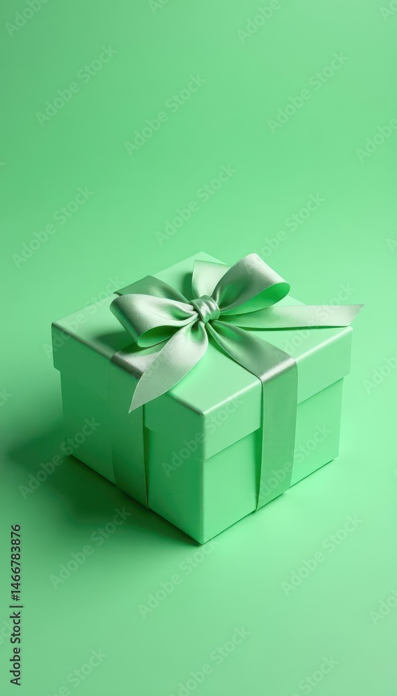 Soft green gift box with satin bow and ribbons on matching background , closeup, green Soft green gift box with satin bow and ribbons on matching background , closeup, green