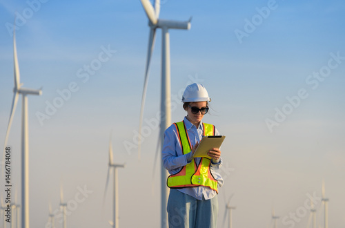 Fotografi Female wind farm engineer in safety vest working on tablet with wind turbines in background