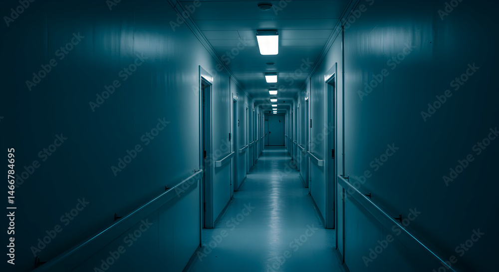 Monochromatic Teal Hallway Perspective With Doors And Overhead Lighting Creates Depth Monochromatic Teal Hallway Perspective With Doors And Overhead Lighting Creates Depth