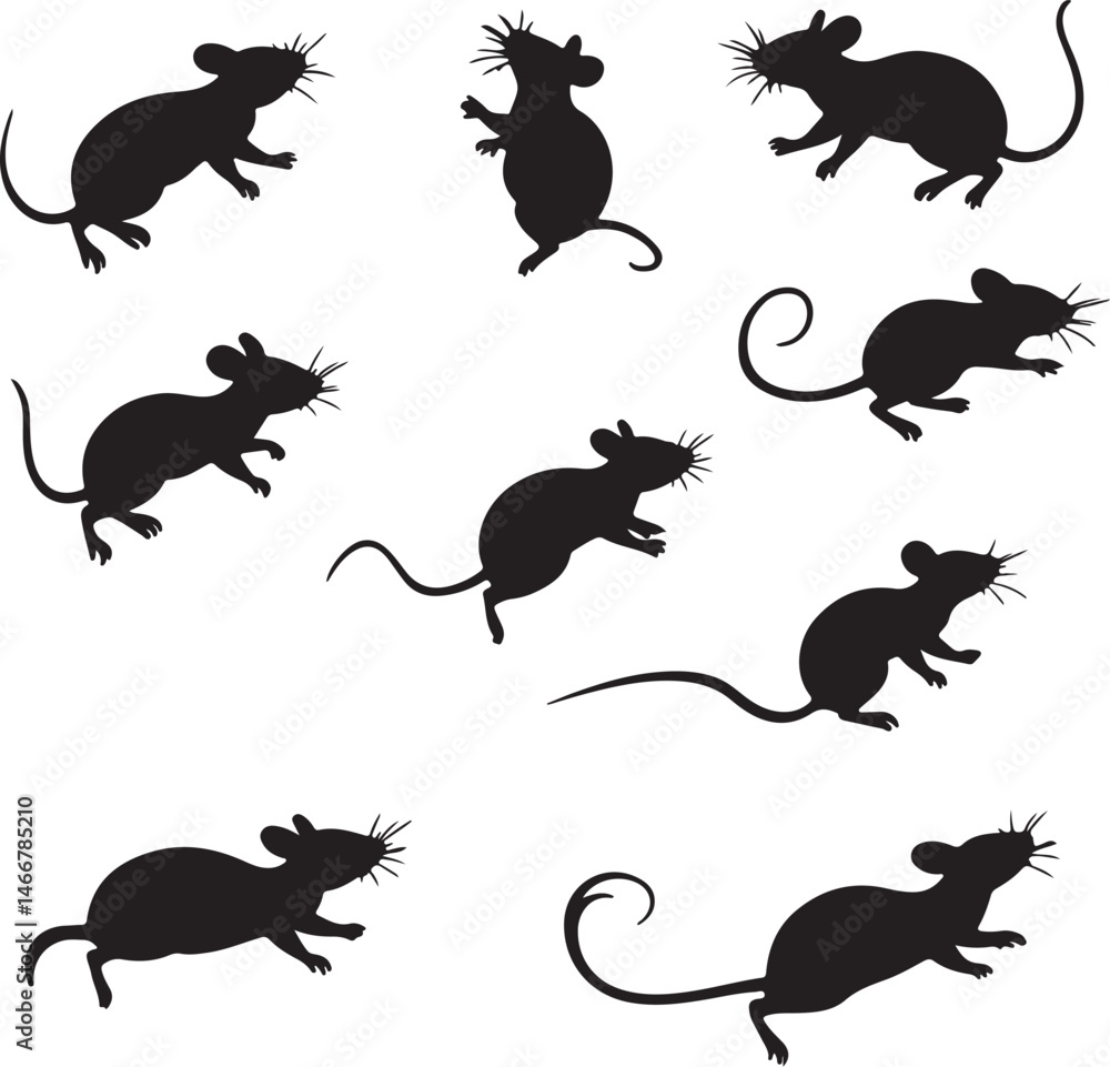 Obraz premium Silhouette Illustration of Mice: Black and White Vector Graphic of Rodents, Mouse Pests, Animal Clip Art for Design Projects