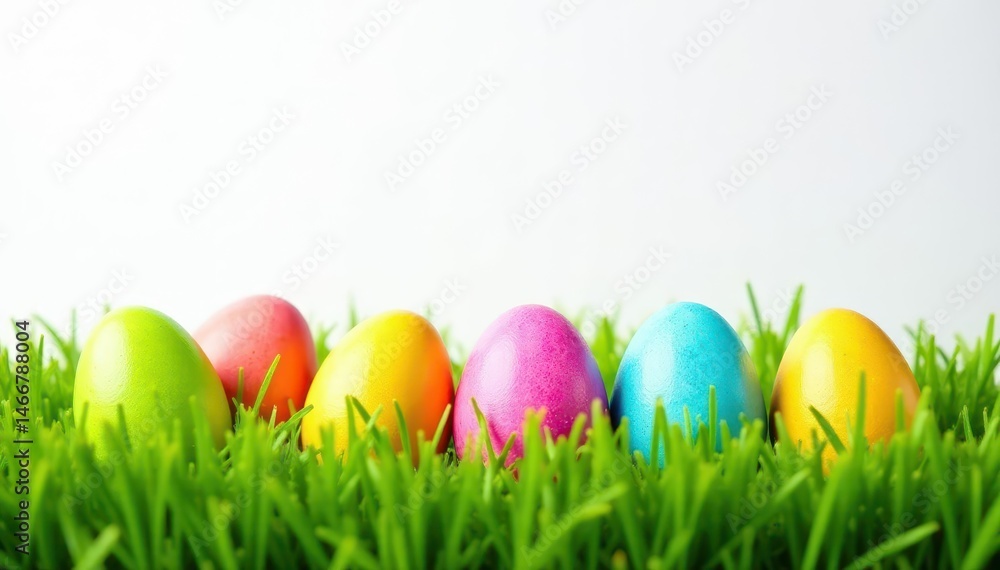 Colorful Easter eggs nestled in vibrant green grass against a pure white backdrop , rabbit, rebirth Colorful Easter eggs nestled in vibrant green grass against a pure white backdrop , rabbit, rebirth