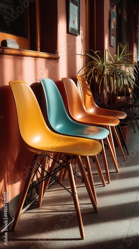 Warm colorful chairs lined against wall in waiting room