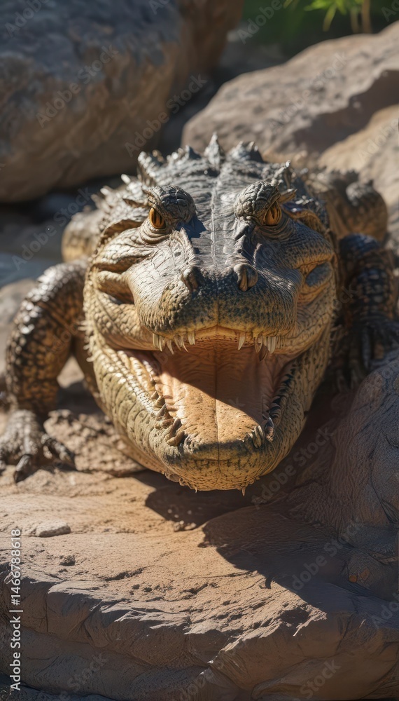 Fototapeta premium Crocodile basking on sun-drenched rock, scales glistening, mouth slightly open Serene reptile portrait , alligator, wildlife, crocodile