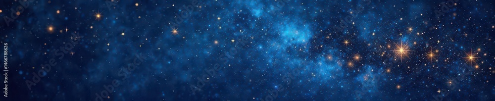 Fototapeta premium Dark blue canvas, scattered gold stars and speckles , starry night, astronomy, dark
