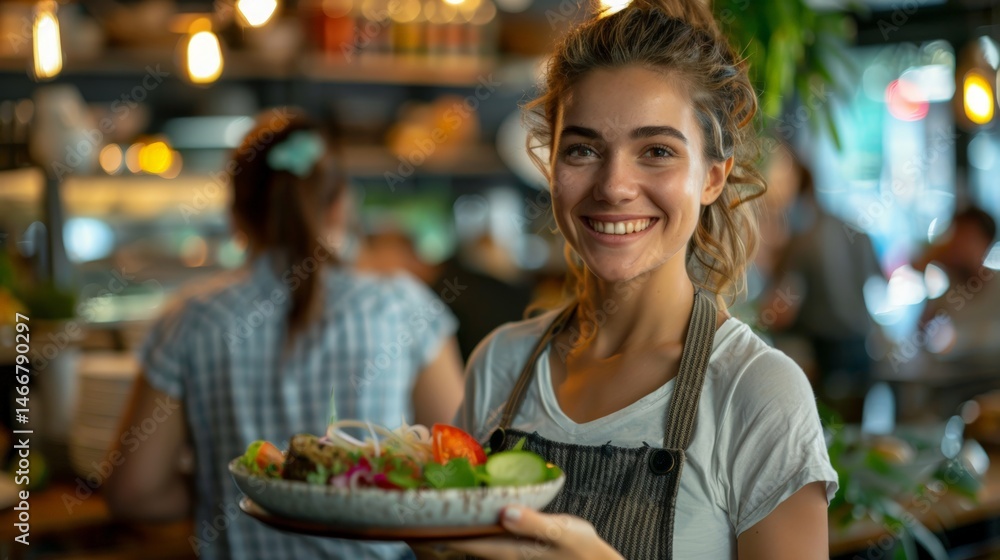 Friendly waitress carrying food to customers in a busy cafe environment with happy atmosphere Friendly waitress carrying food to customers in a busy cafe environment with happy atmosphere