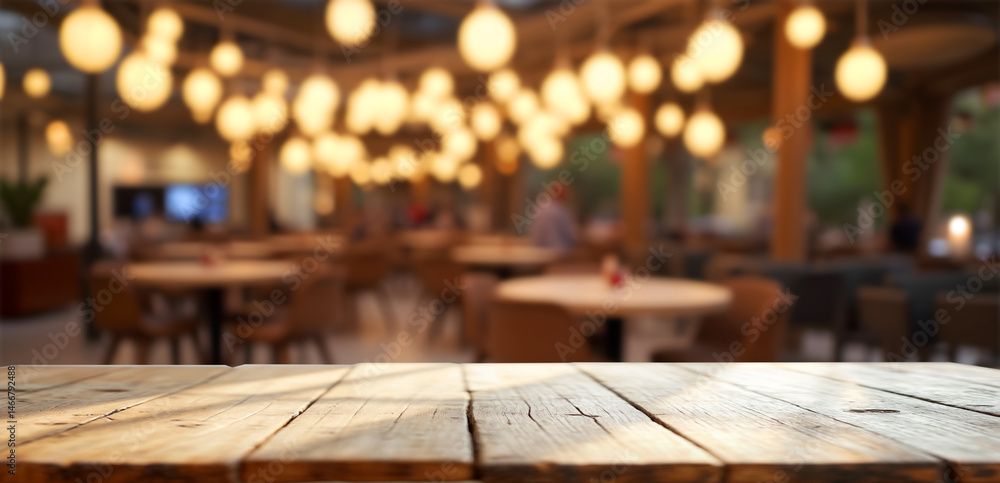 Fototapeta premium Natural wooden table in foreground of modern restaurant interior with atmospheric lighting, perfect for commercial or branding visuals
