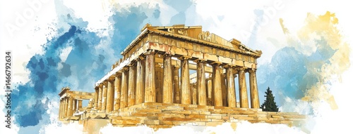 Greek Parthenon with Flag Colors on White Background