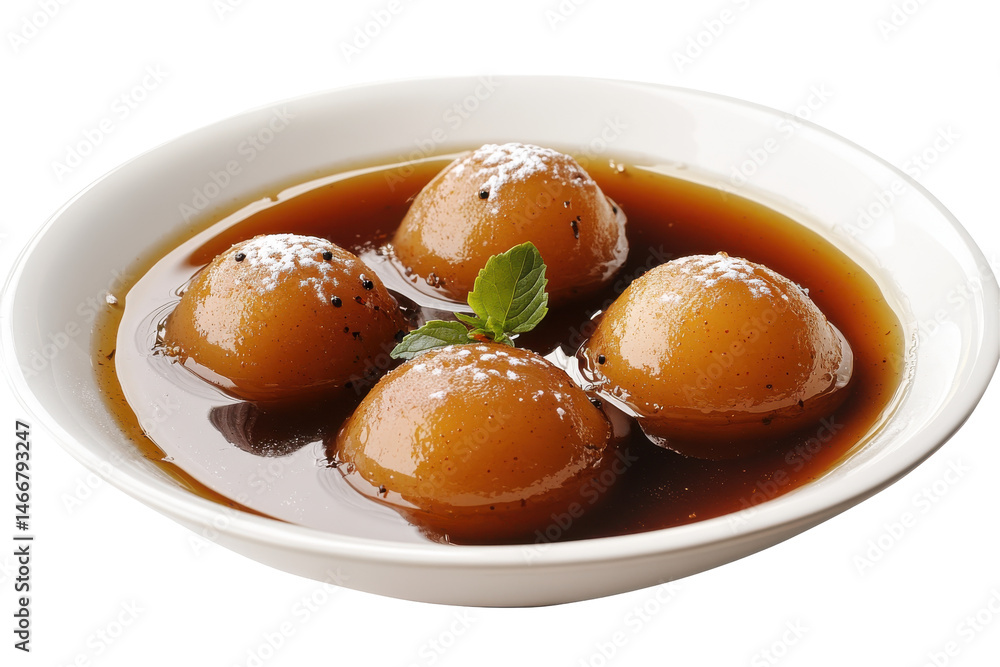 Gulab Jamun Four golden balls soak in sweet syrup dusted with sugar garnished with mint in a white bowl against a white backdrop Gulab Jamun Four golden balls soak in sweet syrup dusted with sugar garnished with mint in a white bowl against a white backdrop