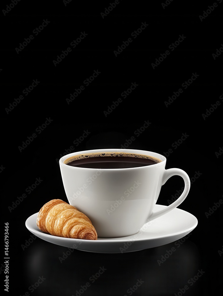 Coffee and croissant on black background studio shot of breakfast with hot beverage and fresh pastry on saucer Coffee and croissant on black background studio shot of breakfast with hot beverage and fresh pastry on saucer
