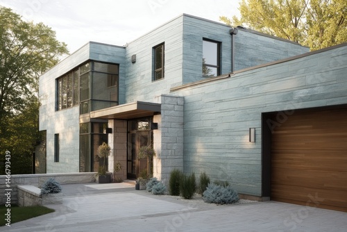Light blue exterior with large horizontal panels and stone --ar 3:2 --v 7 Job ID: b922fcf6-5927-4743-a393-23883f19398b