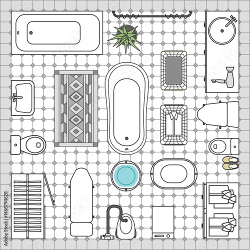 Furniture icons for bathroom layout design. Interior design architectural plan standard collection. Floor plan in top view. Vector set