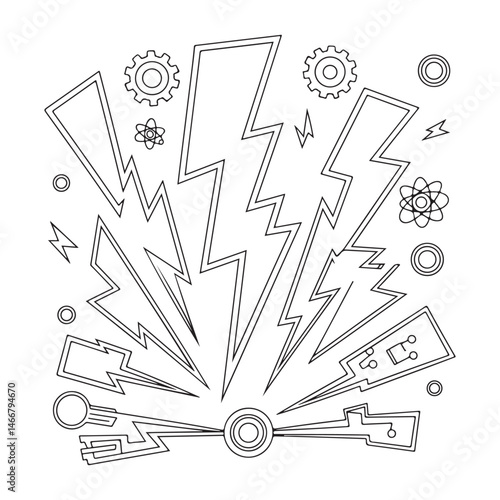 Coloring page of electric components and a lightning bolt, perfect for electricity, energy, and technology themes.