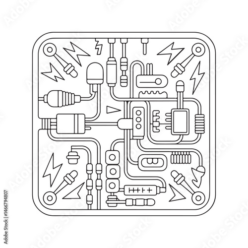 Coloring page of electric components and a lightning bolt, perfect for electricity, energy, and technology themes.