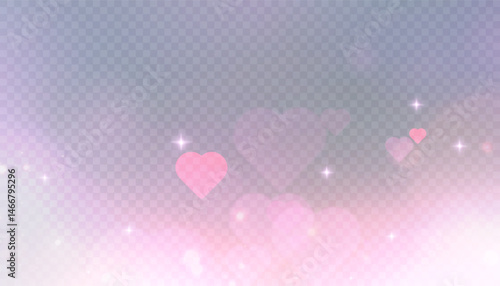 Delicate pink background with soft translucent hearts and twinkling stars on a transparent background. for romantic design, congratulations and holiday cards.