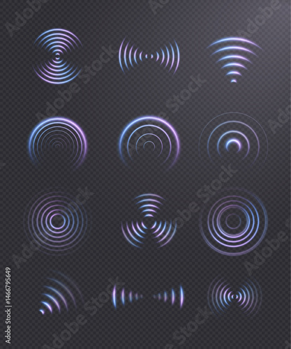 Round vector waveform elements for user interface. Set of glowing radar and wave effects on transparent background. Abstract HUD visual effects, scanning animation or sonar display design.