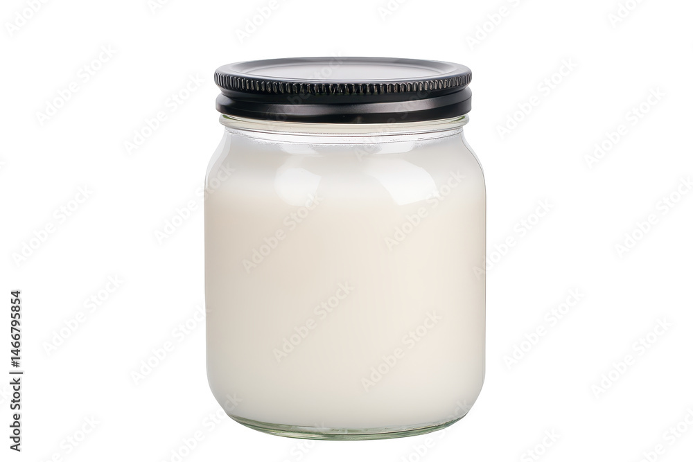 Jar of Milk Creamy white liquid in a glass jar with a black lid set against a stark white backdrop Jar of Milk Creamy white liquid in a glass jar with a black lid set against a stark white backdrop