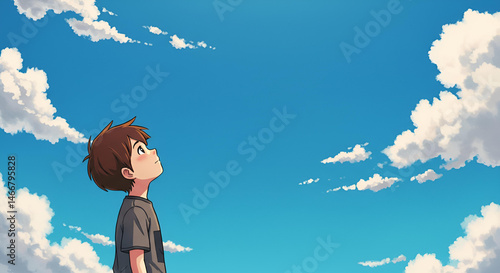 Young boy looking up blue sky . Digital painting style