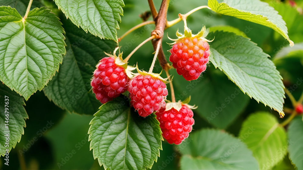 Ripening raspberries on a bush in the garden. Productivity and variety of raspberries, fruiting, close-up. Copy space for text Ripening raspberries on a bush in the garden. Productivity and variety of raspberries, fruiting, close-up. Copy space for text