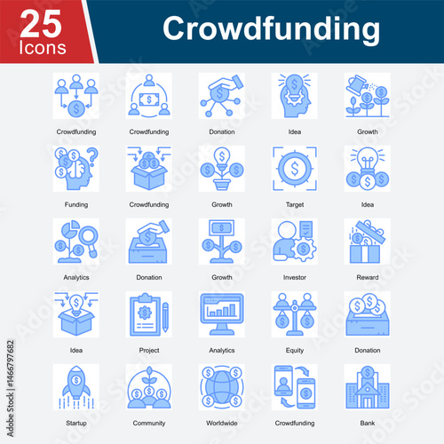 Crowdfunding is a collection of icons illustrating financial contribution models, including donation-based, equity, and reward systems, supporting startup growth, innovation, and community-driven fund