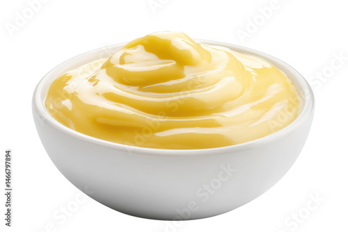 Lustrous custard in a white bowl against a dark abyss